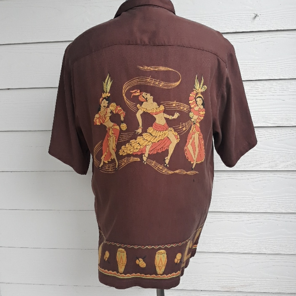 TOMMY BAHAMA Brown Salsa Dancers Large Button Down Hawaiian Short Sleeve Shirt